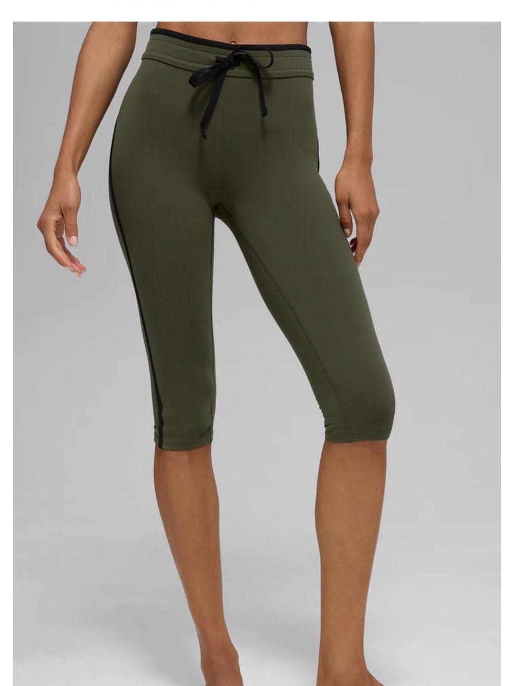 ALO Yoga Olive Green Capri Leggings with Black Side Stripe